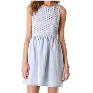 Madewell eyelet chambray denim fit and flare dress pockets light blue 0